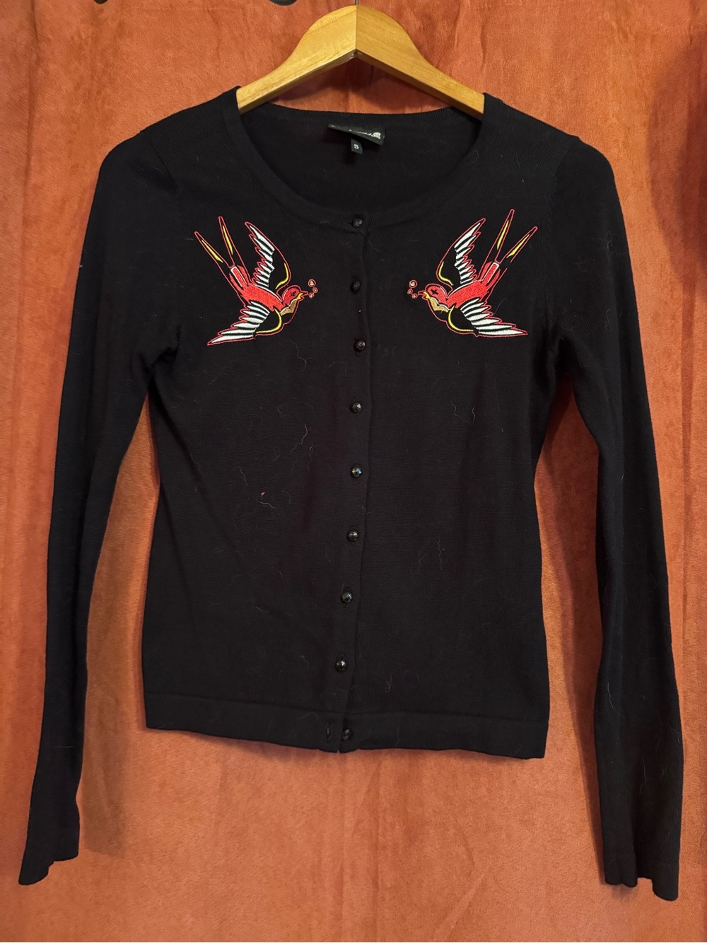 Women's Black Embroidered Bird Cardigan Sweater, drunk birds